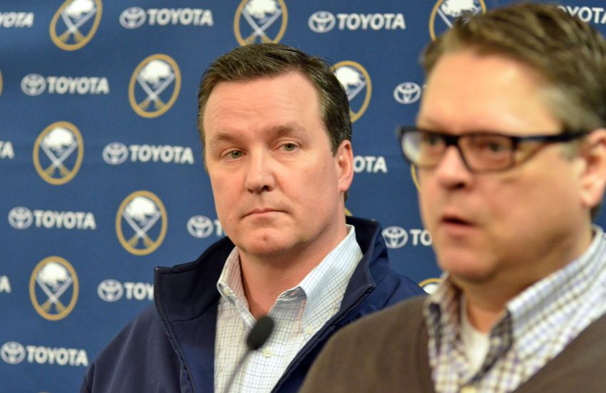 Ted Black (left) and Tim Murray discuss the Sabres&#39; tumultuous weekend Sunday. ©2014, Dan Hickling, Olean Times Herald - BlackRESIZED