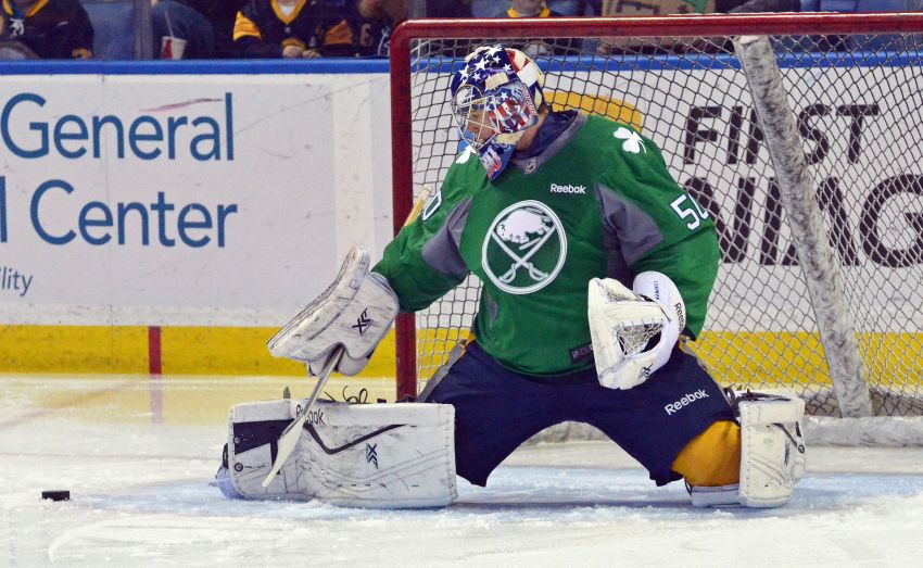 Buffalo Sabres - WELCOME TO BUFFALO, NATHAN LIEUWEN! Pictured here, Lieuwen  (#50) participates in warmups tonight wearing our St. Patrick's-themed  green jerseys. His recall to the Sabres from the AHL's Rochester Americans
