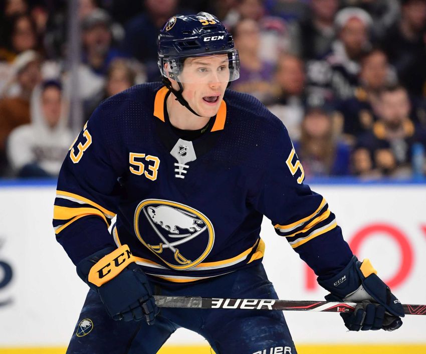 Buffalo Sabres Jeff Skinner (53) wears his Hockey Fights Cancer jersey  prior to first period of an NHL hockey game against the Ottawa Senators,  Saturday, Nov. 16, 2019, in Buffalo, N.Y. (AP
