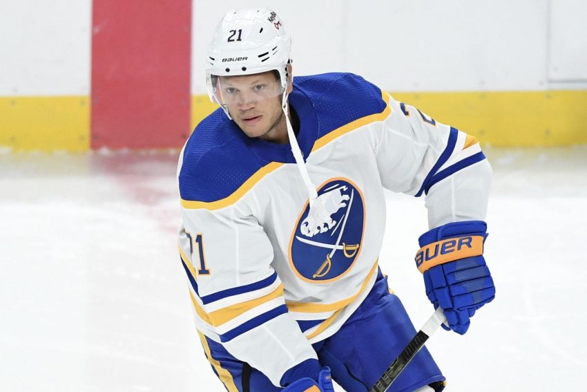 Buffalo Sabres right wing Kyle Okposo (21) skates wearing a Hockey Fights  Cancer jersey prior to the first period of an NHL hockey game against the  Seattle Kraken, Monday, Nov. 29, 2021